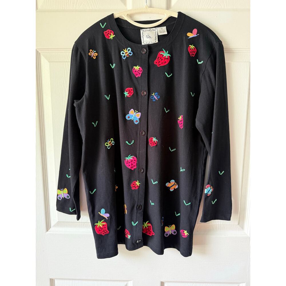 Michael Simon Lite Strawberry Butterfly Embroidered Cardigan Size S Whimsical